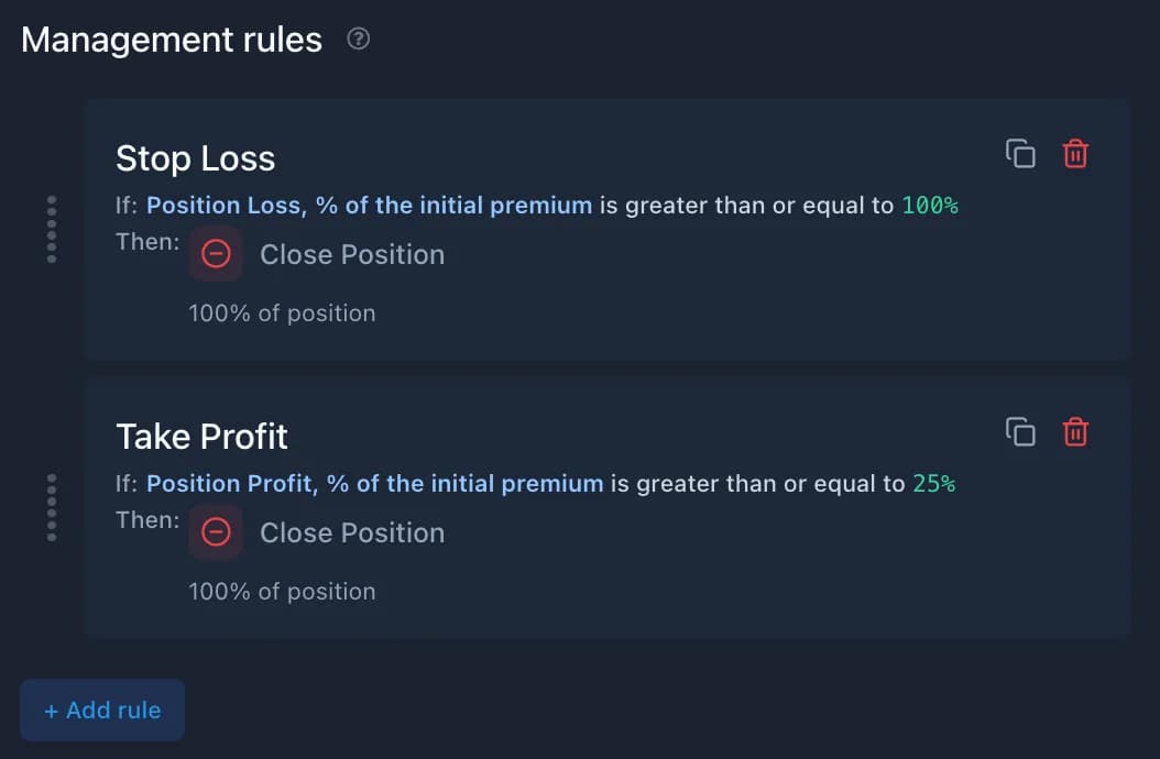 Management rules in the options backtester setting a profit target, a stop loss and a timed exit